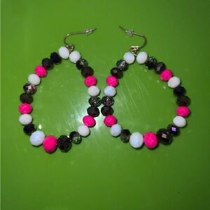 Pink and Black Beaded Hoop Earrings